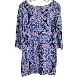 Lilly Pulitzer Pineapple Print Shift Dress Medium Blue Purple 3/4 Sleeve Preppy